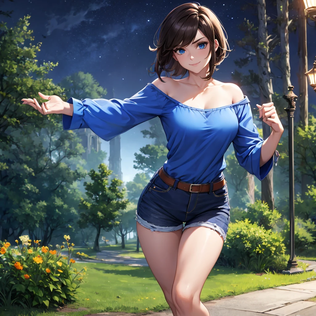 a woman, wearing a blue shirt, black denim shorts, short brown hair, blue eyes, smiling. in a park at night overlooking a forest, a lit place,.HDR, ultra resolution, well defined, masterpiece, 8K HD. (solo woman)
