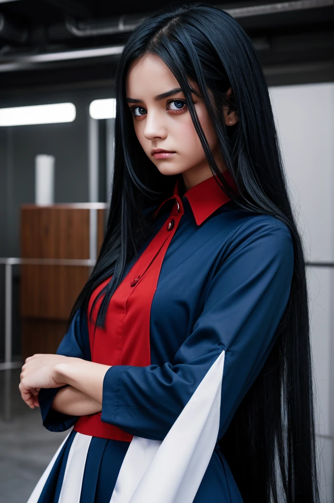 The image of a demonic girl with long black hair and tired red eyes with a blue uniform and a black and red top