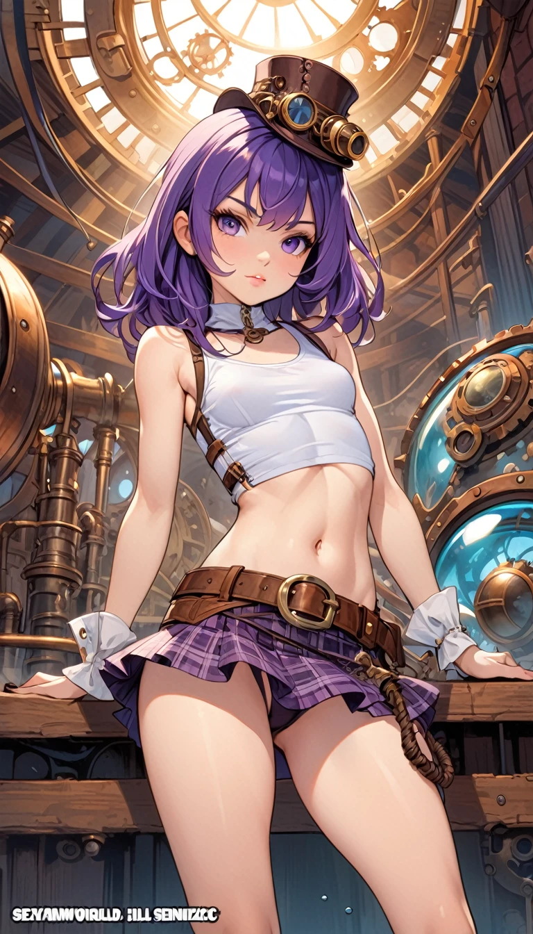 steampunk world. 1.5, Sexy girl, long purple hair, plaid miniskirt, belt rope, small breasts, tight tank top, art inspired by Bill Sienkiewicz
