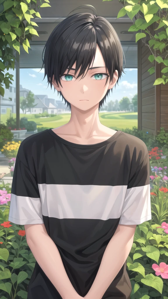 masterpiece, best quality, high quality, 1boy, solo, 14-year-old boy,male focus, looking at viewer , black hair, old-school swoop haircut,upper body , emerald eyes,