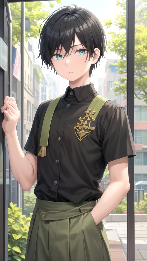 masterpiece, best quality, high quality, 1boy, solo, 14-year-old boy,male focus, looking at viewer , black hair, old-school swoop haircut,upper body , emerald eyes,