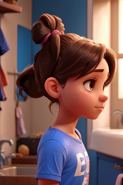a with white swimming goggles and long dark brown hair, has brown eyes, wears a dark blue one-piece school swimsuit swimming lessons