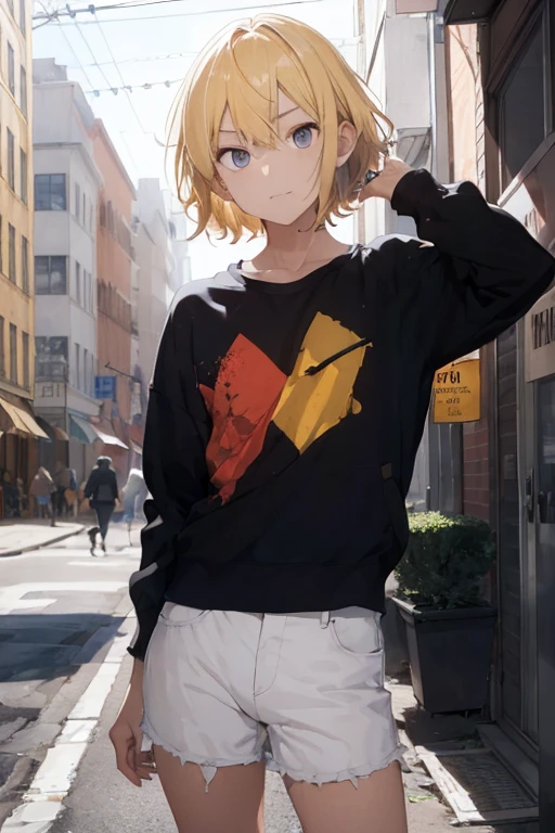 ((best qualityer)) young effeminate teenager, short and voluminous blonde hair, amber triangular eyes, wear loose urban clothes