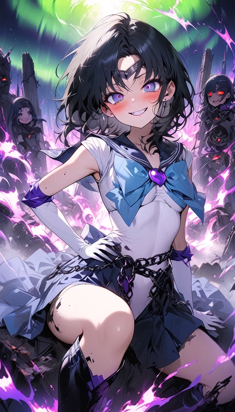 masterpiece, best quality, ultra-detailed, illustration, beautiful detailed eyes, ecstasy, happy, blush, pillars of purple fire, Feeling magical energy, hand on own hip, dark persona, evil smile, Leading a ritual, aurora, wasteland, , beautiful art, high res, perfect face, detailed outfit, Dark Mercury, Mizuno Ami, blue hair, dark blue eyes, dark blue sailor collar, white leotard, black chain around the waist, black and blue bow on the chest and on the back, white elbow gloves, blue skirt, high-knee boots, black tiara, purple eyeshadow,