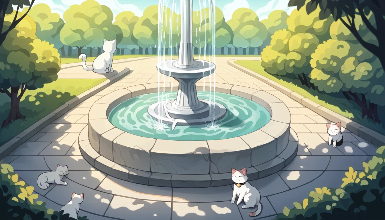  summer heat, anime aestetics, noon, park full of trees, big fountain in the center, greek style fountain, beautiful white cat laying on the road, sleeping cat, cat focus, laz cat, fluffy cat, calm summer days, green and blue colors, perfect shadows, beauty of nature, stone roads, wide shot, atmospheric perspective, perspective, 4K, 8k, best quality, award winning, anatomically correct, super detail, masterpiece