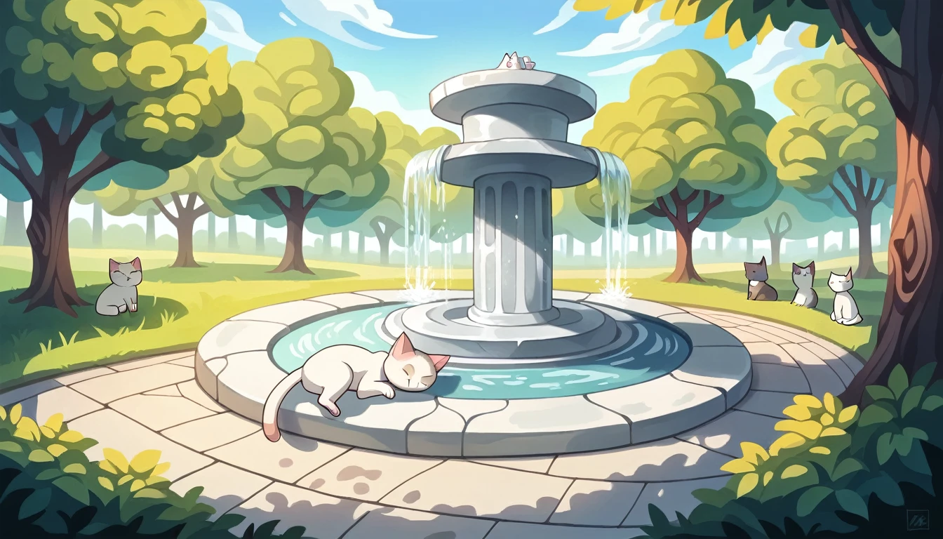  summer heat, anime aestetics, noon, park full of trees, big fountain in the center, greek style fountain, beautiful white cat laying on the road, sleeping cat, cat focus, laz cat, fluffy cat, calm summer days, green and blue colors, perfect shadows, beauty of nature, stone roads, wide shot, atmospheric perspective, perspective, 4K, 8k, best quality, award winning, anatomically correct, super detail, masterpiece