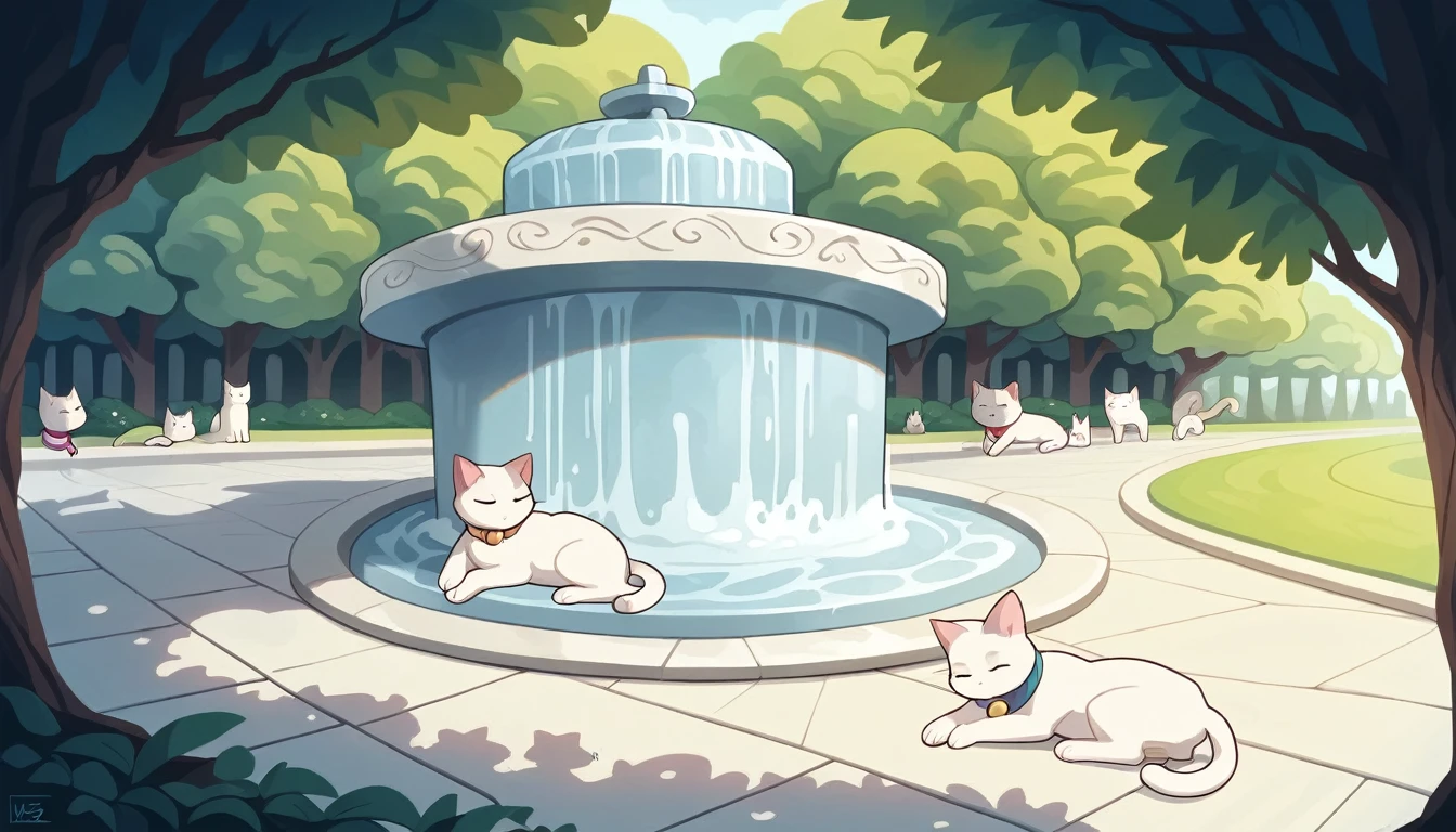  summer heat, anime aestetics, noon, park full of trees, big fountain in the center, greek style fountain, beautiful white cat laying on the road, sleeping cat, cat focus, laz cat, fluffy cat, calm summer days, green and blue colors, perfect shadows, beauty of nature, stone roads, wide shot, atmospheric perspective, perspective, 4K, 8k, best quality, award winning, anatomically correct, super detail, masterpiece