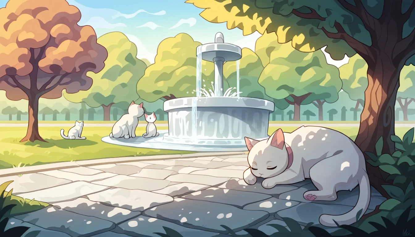  summer heat, anime aestetics, noon, park full of trees, big fountain in the center, greek style fountain, beautiful white cat laying on the road, sleeping cat, cat focus, laz cat, fluffy cat, calm summer days, green and blue colors, perfect shadows, beauty of nature, stone roads, wide shot, atmospheric perspective, perspective, 4K, 8k, best quality, award winning, anatomically correct, super detail, masterpiece