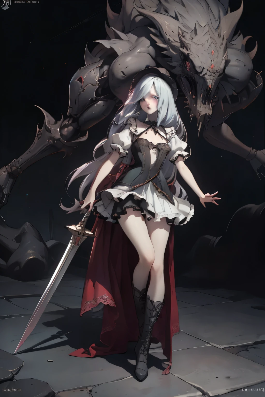 ((best quality)), ((masterpiece)), (detailed), very skinny, prominent collarbones, skinny arms, flat stomach, visible hip bones, red and white clothing, Bloodborne inspired, occult aesthetic, occult, detailed and intricate steampunk and detailed gothic, NSFW, Very dramatic and cinematic lighting, cosmic horror, grim-dark, side-lighting, perfect face, NSFW, Fluttering lace flared long knee length dress with frilly petticoats, knee length dress, pleated petticoats, ta dress, petticoats gothic lolicomplex lace boots, side-lighting, gothic lolita aetic, wielding a mighty sword with mechanical components, carbine, NSFW, beautiful small breasts, small breasts, full body, whole body, body, NSFW, full body, whole body, head-to-toe NSFW