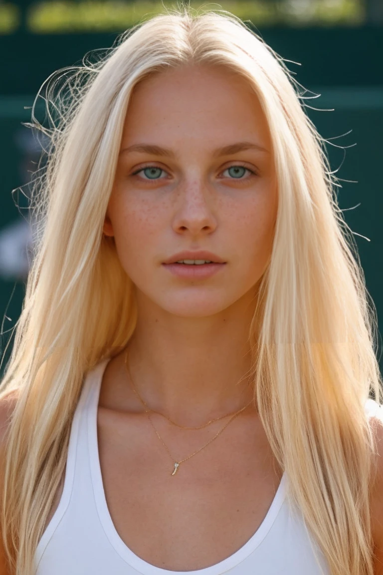 photo of a blonde girl, White skin, playing tennis, 20 years, large and pronounced bust, long straight hair, green eyes