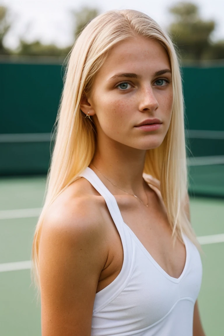 photo of a blonde girl, White skin, playing tennis, 20 years, large and pronounced bust, long straight hair, green eyes
