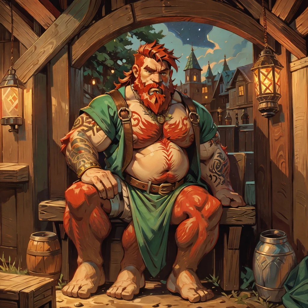 man, Viking, short stature, Age 60 years, strong, thick, , big belly, Red hair, big red beard, thick body hair, густые Red hair на груди, густые Red hair на животе, густые Red hair на лобке, густые Red hair на яйцах, thick hair on arms, thick hair on legs, tattoos on body, Tattoos on the torso, without outerwear, only in a short, hip-length skirt made of green fabric, the skirt is held up by a leather belt with a gold buckle, in a medieval pub, sitting on a bench, holding a wooden mug with beer, night, warm light from kerosene lamps