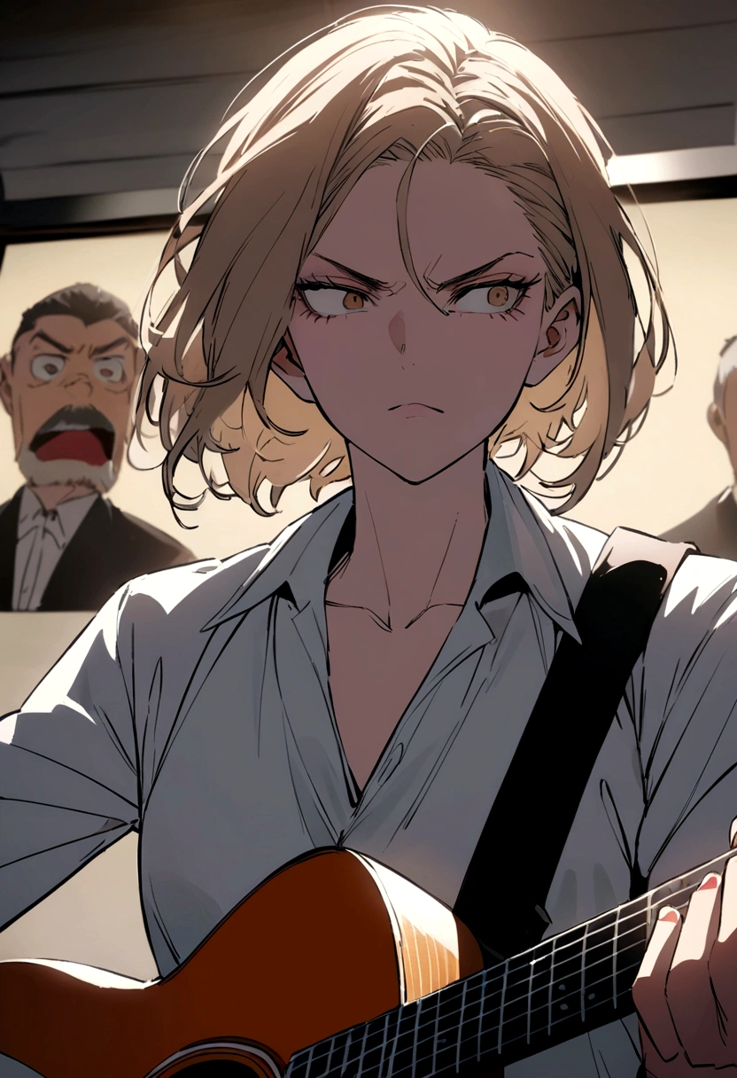 With Basho's portrait in the background、shortage々A vocalist playing the guitar with a serious expression