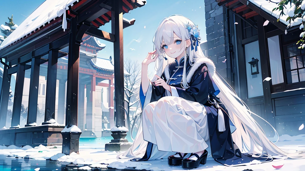 ((best quality，masterpiece，Extremely complex and exquisite details，There is only one beautiful girl with long white straight hair and blue eyes，Smile，long skirt))，(Exquisite light blue and white Chinese clothing，Beautiful bright and exquisite snow-white ancient style architectural background)，(correct anatomy，exquisite face)，(touch flowers，Snow，Falling Flowers，Majestic and elegant outdoors)，((Long-distance full body picture of a single person，Squatting by the lake))