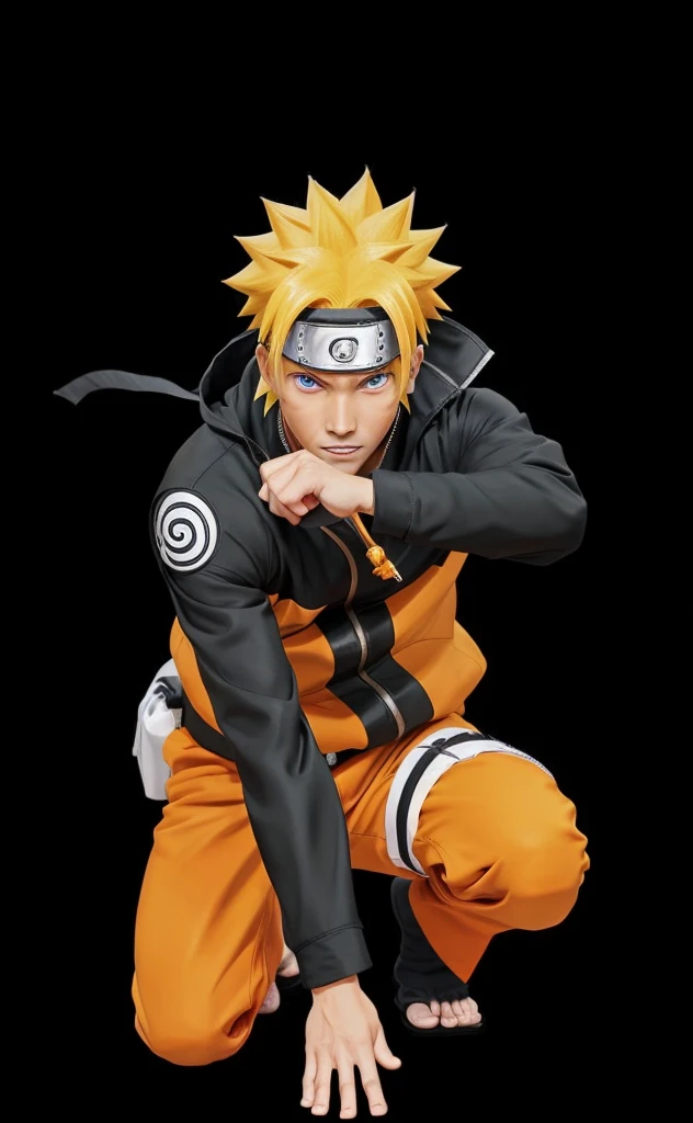 Create an illustration of Naruto Uzumaki in a dynamic pose, ready for action. He should be wearing his signature orange and black ninja outfit, complete with a headband featuring the Konoha symbol. The background should be orange and dark grey to make Naruto stand out prominently. Ensure his blond spiky hair, determined expression, and iconic accessories are accurately depicted to capture his character essence.