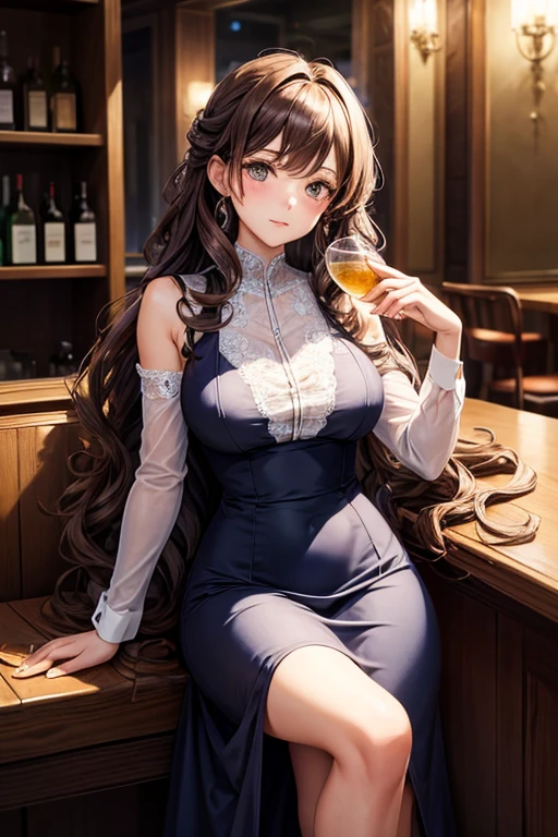 Italian girl with long curly brown hair, elegant dress sitting at a bar eating, angular face