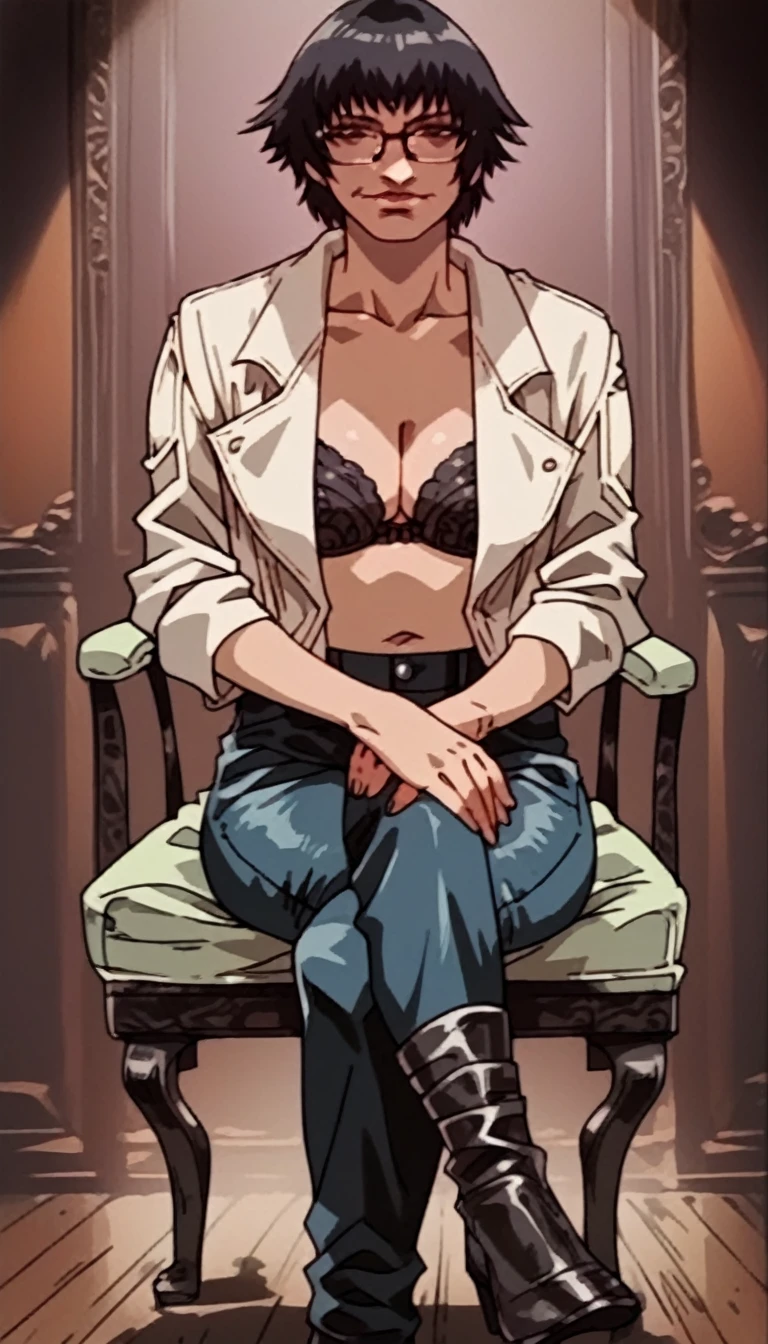 rating_explicit, beautyful woman, perfect face, detailed, lady from devil may cry, black bra, black pants, sexy face, milf, sit, crossed legs, black glasses