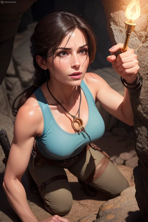 Create a realistic image of Lara Croft discovering an golden key while standing on the top of a view point in an underground cave. Lara is wearing her classic Tomb Raider outfit: a light blue tank top, cargo shorts, sturdy boots. She is illuminated by the light from her golden key, which casts flickering shadows on the cave walls. The cave is filled with intricate carvings, ancient symbols, and stalactites hanging from the ceiling. Lara is kneeling or bending down, opening a door with a golden key. The golden key is a detailed. perfect face, ultra detailed face, perfect brown eyes, beautiful face, perfect anatomy. Additional Details: Background: Underground cave with intricate carvings, ancient symbols, stalactites, and shadows cast by the torchlight. Lighting: it's dark, night time, Flickering torchlight illuminating the scene, creating dramatic shadows and a sense of mystery. (8k, RAW photo, best quality, masterpiece:1.2),ultra-detailed, (high detailed skin:1.2), 8k uhd, dslr, soft lighting, high quality
