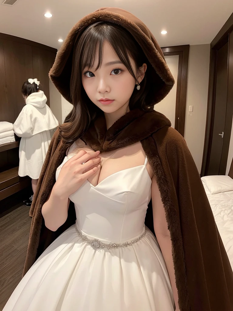Pair of women、ice hotel、Dark Room。Wedding dressを着た女性たちの写真。Wedding dress、Brown fur cape。Fisheye Lens。Multiple women。