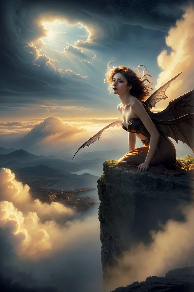 ((best quality)), ((masterpiece)), (detailed), alluring succubus, ethereal beauty, perched on a cloud, (fantasy illustration:1.3), enchanting gaze, captivating pose, delicate wings, otherworldly charm, mystical sky, (Luis Royo:1.2), (Yoshitaka Amano:1.1), moonlit night, soft colors, (detailed cloudscape:1.3), (high-resolution:1.2)
