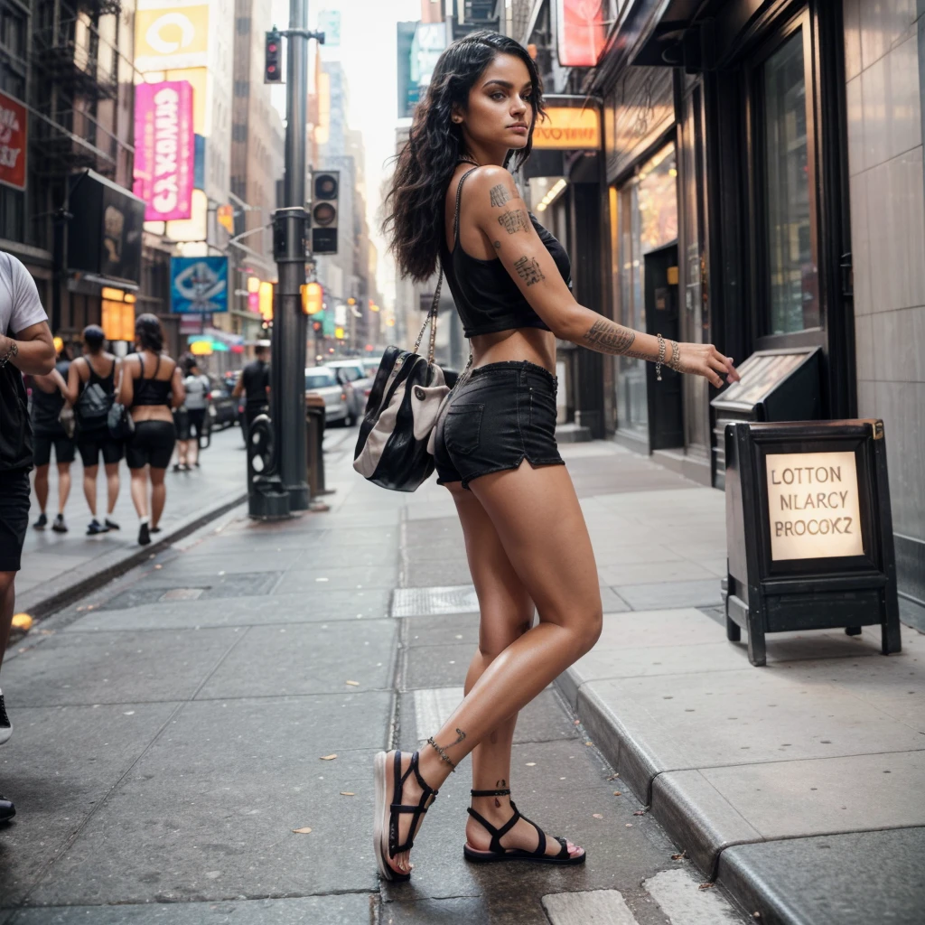 a candid photo of Kehlani, ultrarealistic, photorealistic, 8k, dslr, makeup, jewelry, beautiful, perfect face, detailed skin, detailed face, detailed eyes, walking down the streets of New York City, wearing a long white tank top and black booty shorts with flip flops, being photographed by paparazzi