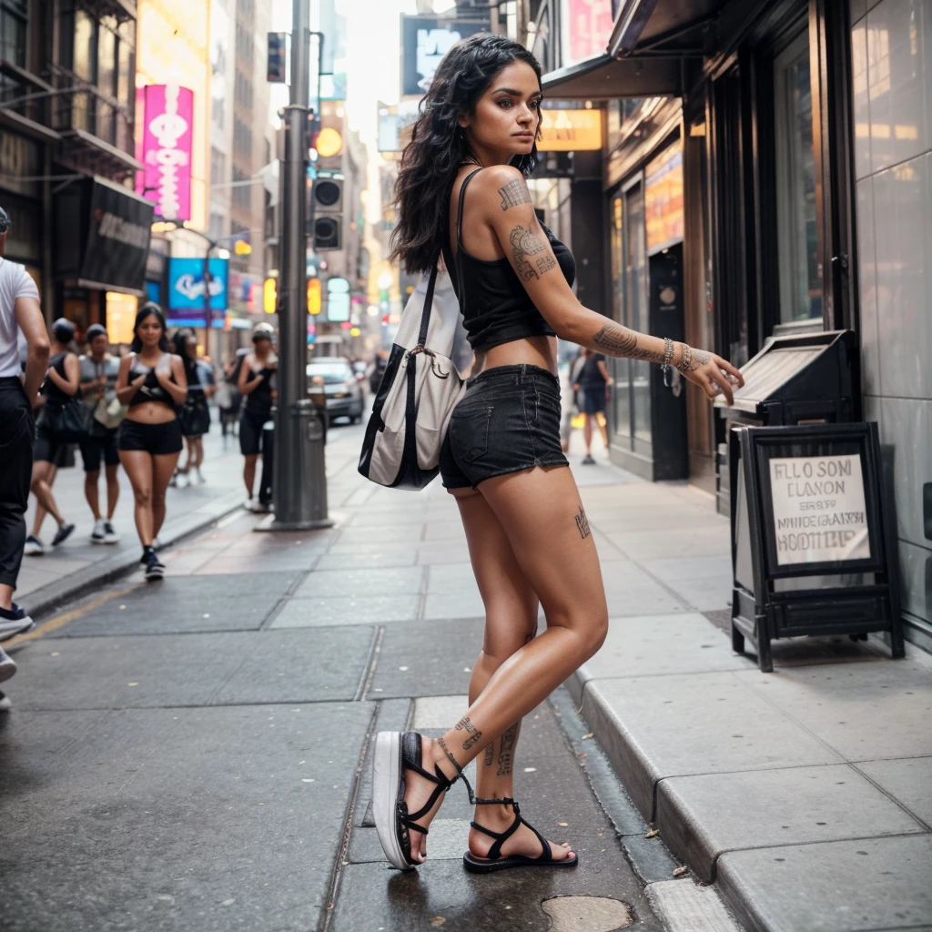 a candid photo of Kehlani, ultrarealistic, photorealistic, 8k, dslr, makeup, jewelry, beautiful, perfect face, detailed skin, detailed face, detailed eyes, walking down the streets of New York City, wearing a long white tank top and black booty shorts with flip flops, being photographed by paparazzi