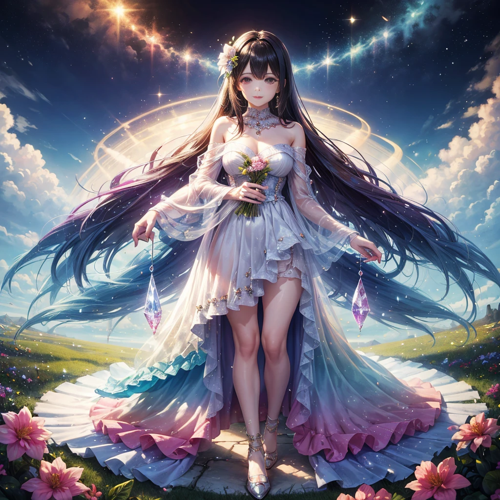 woman、1 person、The crystals are shiny and beautiful、Rainbow colored and beautiful、Gentle light、flower園、flower、pink、fractal、Fantasy