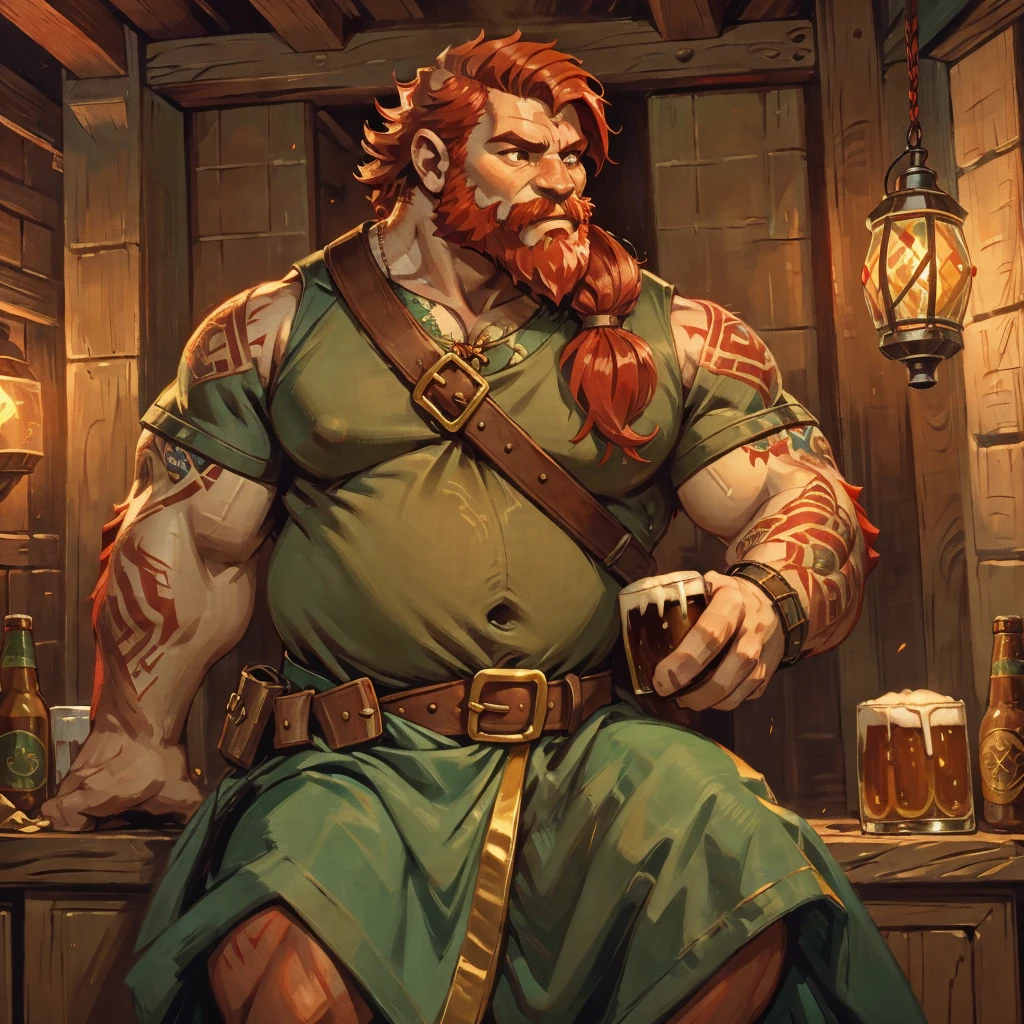 man, Viking, short stature, Age 60 years, strong, thick, big breasts, big belly, Red hair, big red beard, thick body hair, густые Red hair на груди, густые Red hair на животе, густые Red hair на лобке, густые Red hair на яйцах, thick hair on arms, thick hair on legs, tattoos on body, Tattoos on the torso, without outerwear, only in a short, hip-length skirt made of green fabric, the skirt is held up by a leather belt with a gold buckle, in a medieval pub, holding a wooden mug with beer, night, warm light from kerosene lamps