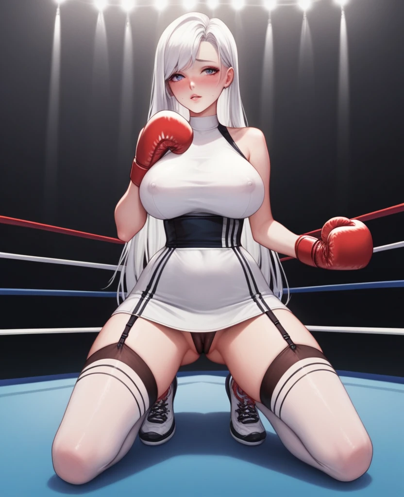 Korean beauty，18 years old,Pretty Face，Good shape，detailed picture, Shy expression， blush，White long hair, Wear a sports dress, Wear black garter stockings, Wearing boxing gloves, Kneeling alone in the boxing ring，Large Breasts,cleveage,Long legs，Thin waist，nipple，Camel toe