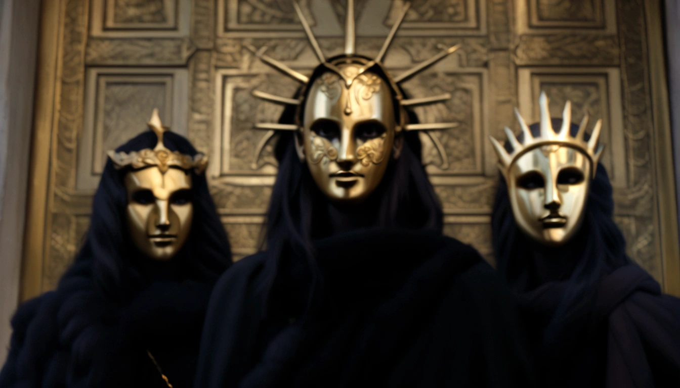a golden masked figure, dramatic dark clouds, moody atmospheric lighting, intricate ornamental details, highly detailed, 8k, photorealistic, dark fantasy, cinematic, chiaroscuro lighting, dramatic shadows, golden accents, ominous atmosphere, striking contrast, muted color palette
dramatic lighting, cinematic, dark moody atmosphere, elegant, chiaroscuro lighting, ornate gold details, photorealistic, 8k, high resolution, realistic, masterpiece