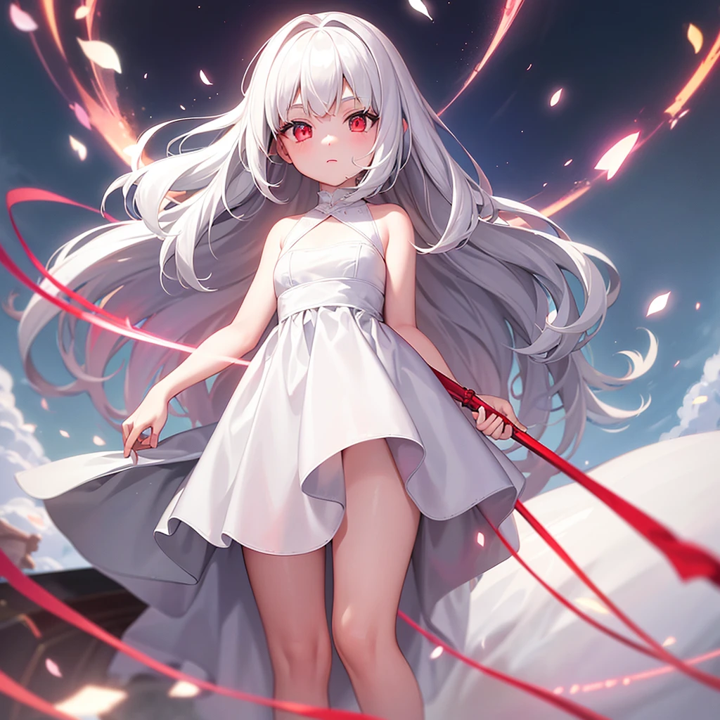 8 year old girl white hair ,Red eyes(one lens),a white dress(that reaches your knees) a little chubby (background a landscape)