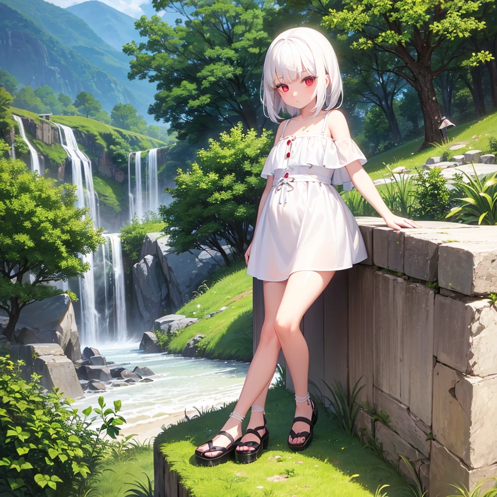 8 year old girl white hair ,Red eyes(one lens),a white dress(that reaches your knees) a little chubby (background a landscape)