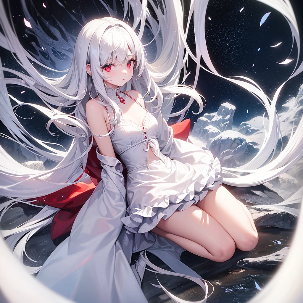 8 year old girl white hair ,Red eyes(one lens),a white dress(that reaches your knees) a little chubby (background a landscape)