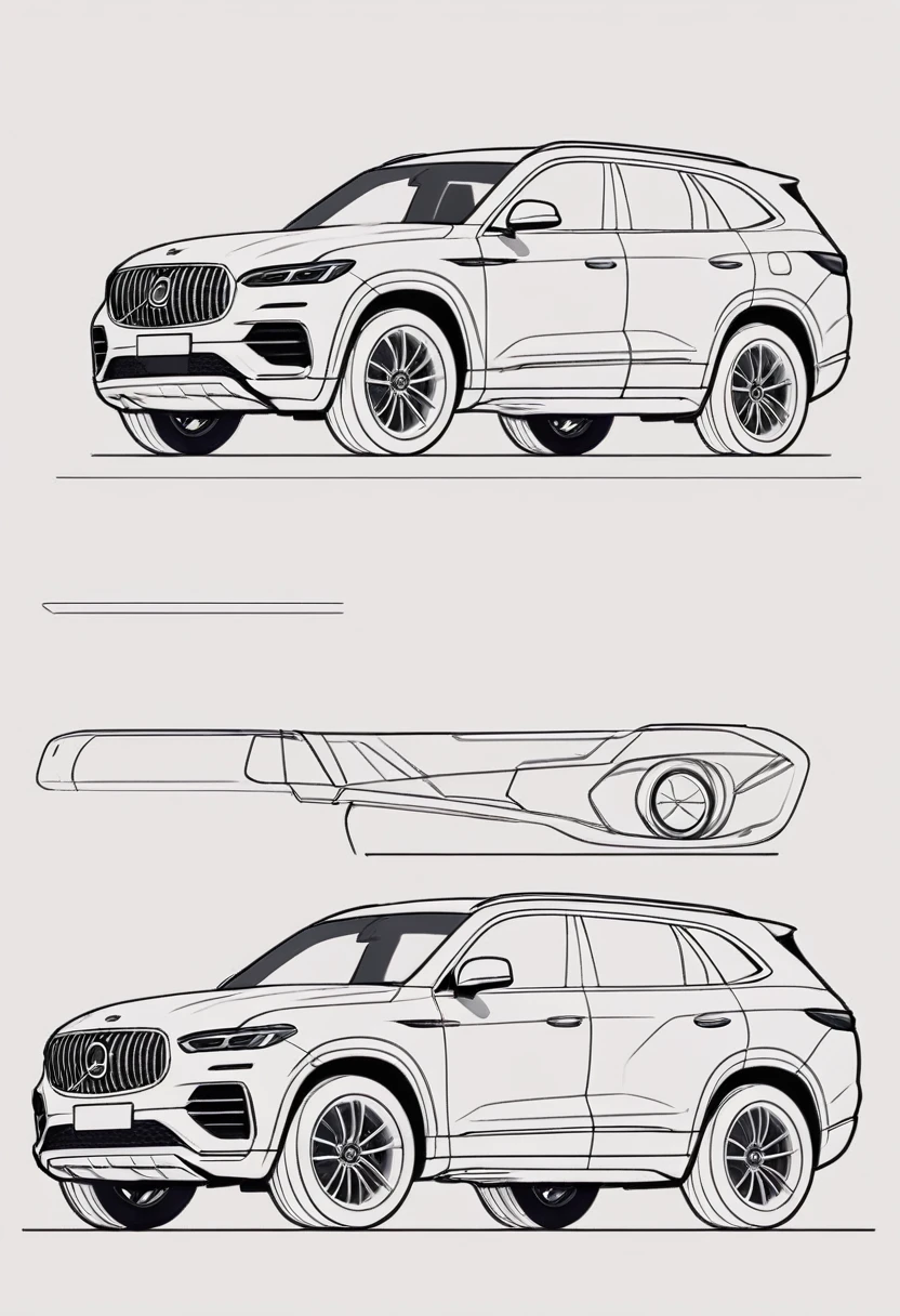 Line drawing of an SUV,Vector Art, To flatten, Smooth line art, Minimalism, Graphic design aesthetics, Flat illustration, (masterpiece, best quality, Perfect composition, very aesthetic, absurd, Extremely detailed, Intricate details, professional, Official Art, representative work:1.3)