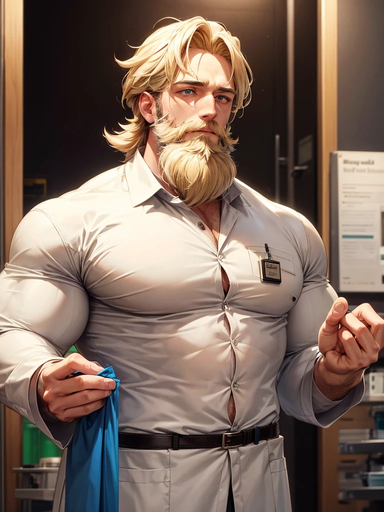 A blond, very handsome scientist with a big, fluffy beard. He works in a lab, wearing a medical gown that highlights his muscular body.