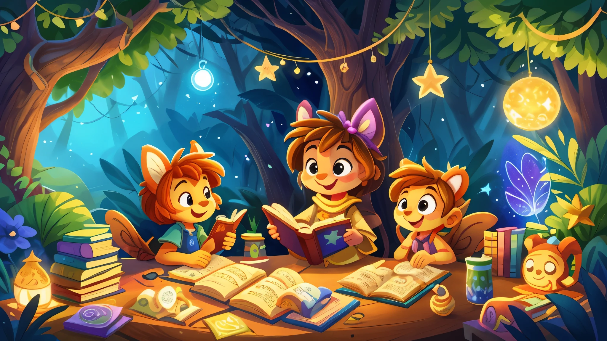 Create an enchanting and whimsical illustration for a YouTube channel named 'Magic Minute Stories' focused on short stories for kids. The artwork should feature magical elements like fairies, books, stars, and other imaginative elements that evoke wonder and storytelling. The style should be colorful, vibrant, and appealing to children, with a friendly and inviting atmosphere suitable for a children's entertainment channel.