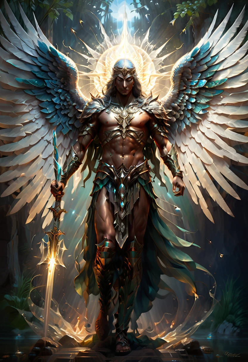 Atlantean warriors, Hedra, emerges as a luminary angel of peace and calm, oil on canvas, painted in the style of Don Davis and Rick Guidice; symmetrical; highly detailed and intricate, divine mean, pi, asymmetrical, wide shot, freaky colouration, hypermaximalist, ornate, luxury, elite, matte painting, cinematic, cgsociety, Ultra