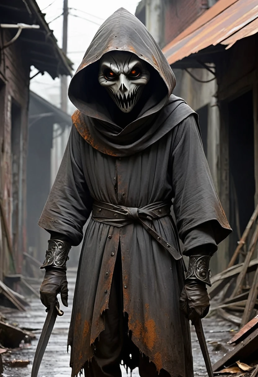 A mysterious male character with a menacing vibe. The character is dressed in a bright red jumpsuit with white buttons, paired with a black long-sleeved shirt underneath. His face has an unsettlingly wide smile, revealing sharp, exaggerated teeth. His eyes are completely black as the void, giving the character a sinister and mysterious appearance, he wears a bright red cap that covers his hair. The character's hands must be covered with large white gloves and must wear black boots. The overall color scheme should contrast dark and gloomy elements with the bright red of the jumpsuit. (Ancient Art Style), (Mythological Legends Art Style), ((horror))