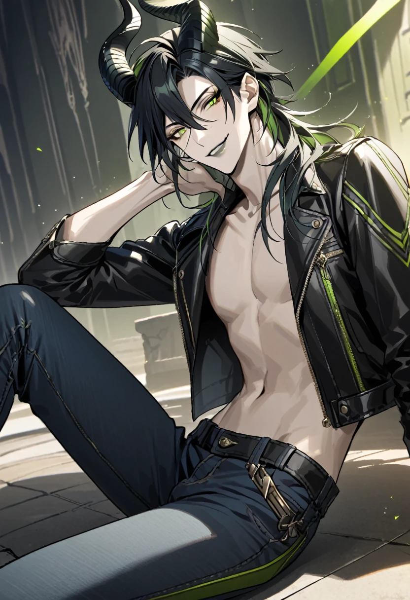 masterpiece, highres, absurdres, illustration, 1boy, sitting on floor, topless, black leather jacket, jeans, dynamic angle, malleus draconia (twisted wonderland) horns, bishounen, boy, male, yana Toboso style, long hair, black hair, yellow green eyes, smile, gray lips, handsome, skinny, tall, yellow green glow,