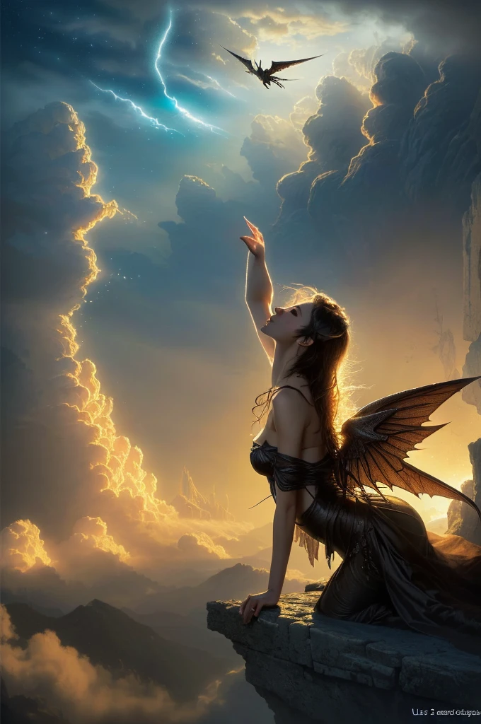 ((best quality)), ((masterpiece)), (detailed), alluring succubus, ethereal beauty, perched on a cloud, (fantasy illustration:1.3), enchanting gaze, captivating pose, delicate wings, otherworldly charm, mystical sky, (Luis Royo:1.2), (Yoshitaka Amano:1.1), moonlit night, soft colors, (detailed cloudscape:1.3), (high-resolution:1.2)