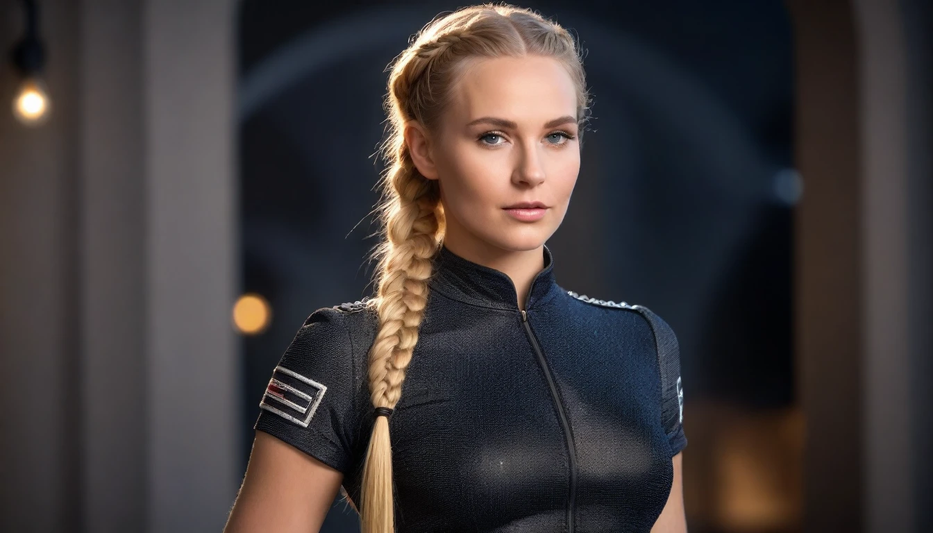 a beautiful 21 yo Oslo Norway woman, Captain Tiassa with long blond braided hair wearing a Venusian black chrome long dress with diamonds next to gold and chrome Venusian spacecraft, intricate detailing, HDR, vibrant contrast, 32k resolution, luminism lighting techniques, ultra-realistic digital render, bokeh, mass effect, close up black, beauty, pure perfection, divine presence, unforgettable, impressive, breathtaking beauty, Volumetric light, auras, rays, 8k uhd, dslr, soft lighting, high quality, natural textures 8k masterpiece canon eos r4s 50