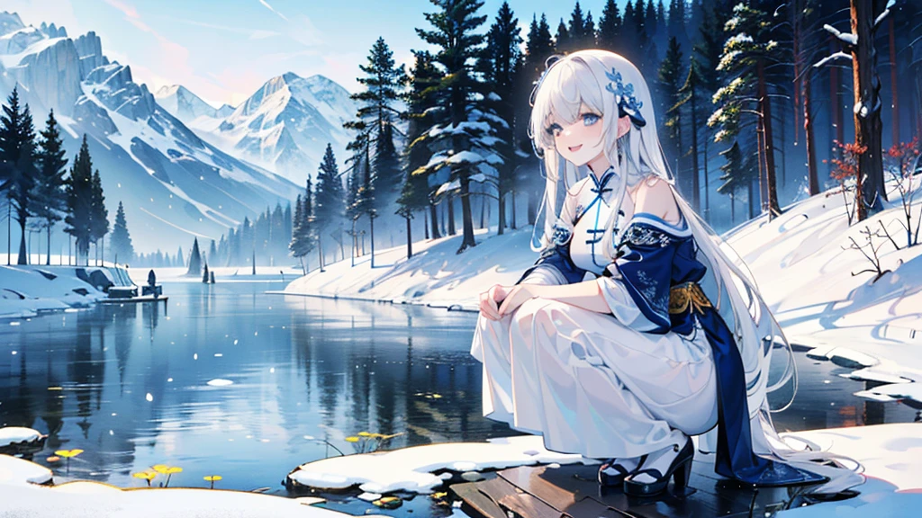 ((best quality,masterpiece,Extremely complex and exquisite details,There is only one beautiful girl with long white straight hair and blue eyes,Smile,long skirt)),(Exquisite light blue and white Chinese clothing,Beautiful bright and exquisite snow-white ancient style architectural background),(correct anatomy,exquisite face),(touch flowers,Snow,Falling Flowers,Majestic and elegant outdoors),((Long-distance full body picture of a single person,Squatting by the lake))