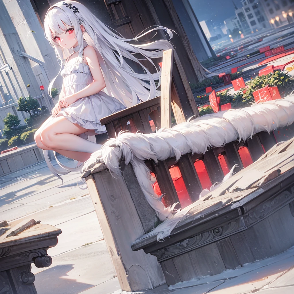 8 year old girl white hair ,Red eyes(one lens),a white dress(that reaches your knees) a little chubby (background a landscape) 