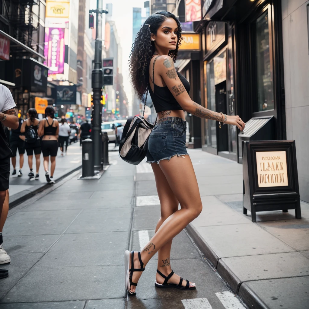 a candid photo of Kehlani, ultrarealistic, photorealistic, 8k, dslr, makeup, jewelry, beautiful, perfect face, detailed skin, detailed face, detailed eyes, walking down the streets of New York City, wearing a long white tank top and black booty shorts with flip flops, being photographed by paparazzi