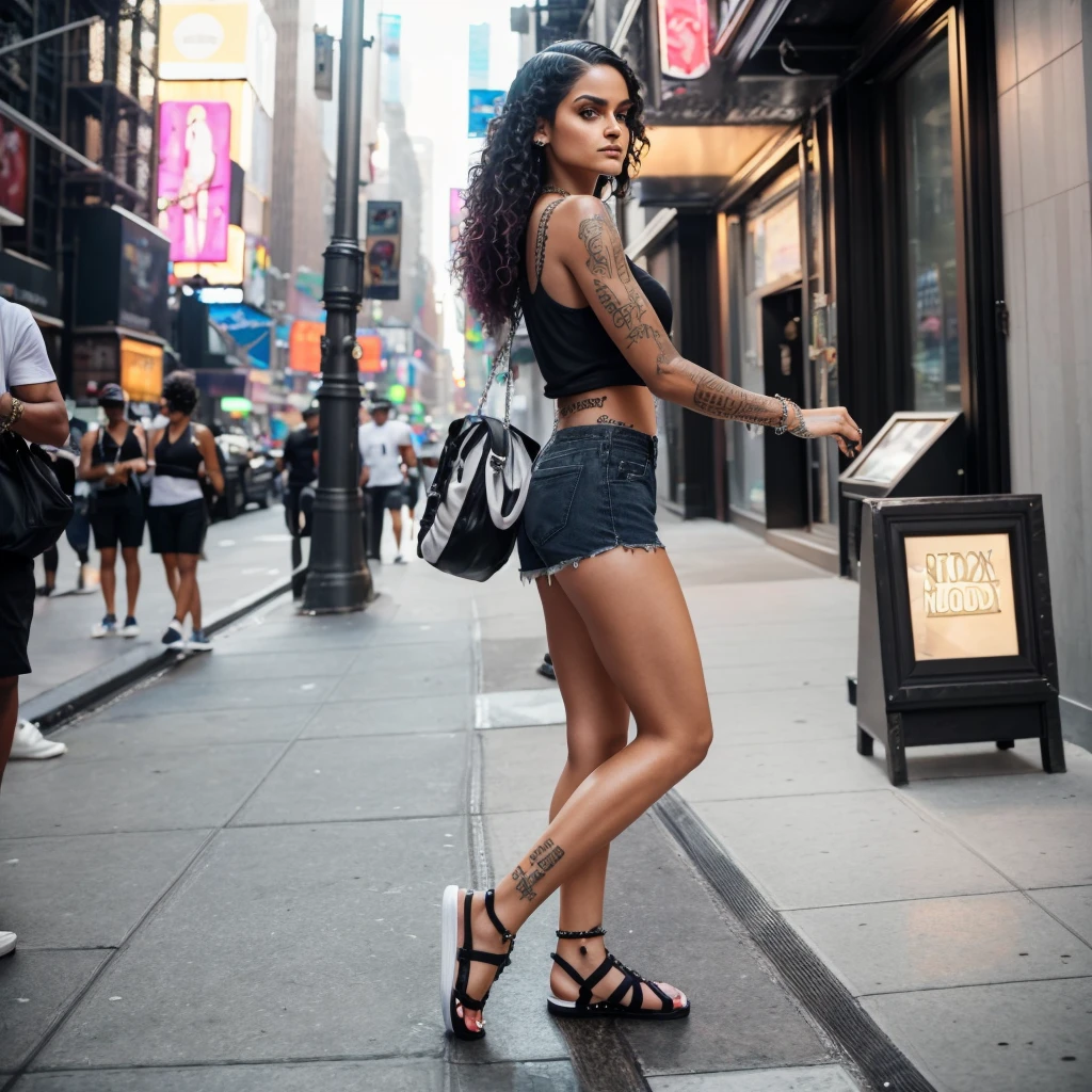 a candid photo of Kehlani, ultrarealistic, photorealistic, 8k, dslr, makeup, jewelry, beautiful, perfect face, detailed skin, detailed face, detailed eyes, walking down the streets of New York City, wearing a long white tank top and black booty shorts with flip flops, being photographed by paparazzi