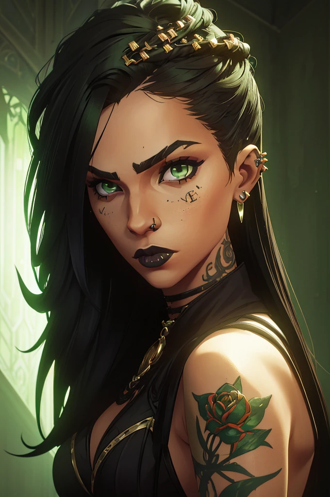 (one girl), (black hair), (green eyes), has (tattoos), (piercings), (light skin but not that light), (long hair) (gothic dark style),