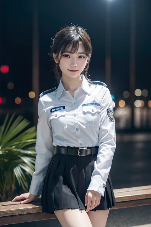 An innocent 20-year-old girl、((Japanese Police Officer, Police uniform, skirt, Cute and elegant, Dramatic Pose)),Big Breasts、smile,Night city background,shortcut、RAW Photos, (8k、highest quality、masterpiece:1.2)、(Intricate details:1.4)、(Photorealistic:1.4)、Octane Rendering、Complex 3D rendering with ultra-detail, Studio Soft Light, Rim Light, Vivid details, Super Detail, Realistic skin texture, Detailed aspect, Beautiful details in the eyes, Highly detailed CG Unity 16k wallpaper, compensate, (Detailed Background:1.2), Glowing Skin, whole body,,Sit on a bench