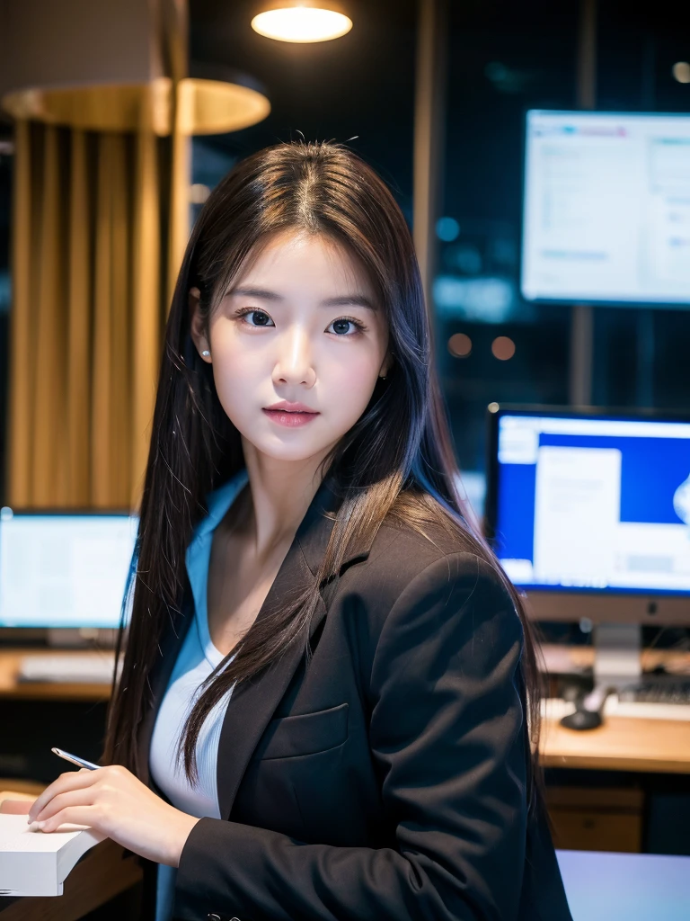 Han Julie is a young Korean woman in her 27s. Her hair is long in a dark-blue color.
Her face is oval and marked by her large brown eyes, which carry a cold, unexpressive face. Her skin is radiant and clear, presenting an impeccable state of health and her curved lips.
Her height is medium, her body athletic and defined, with the most charming and provocative. It contrasts and matches their personalities.
She is in her office at the company in the night lights wearing a black shirt and blazer