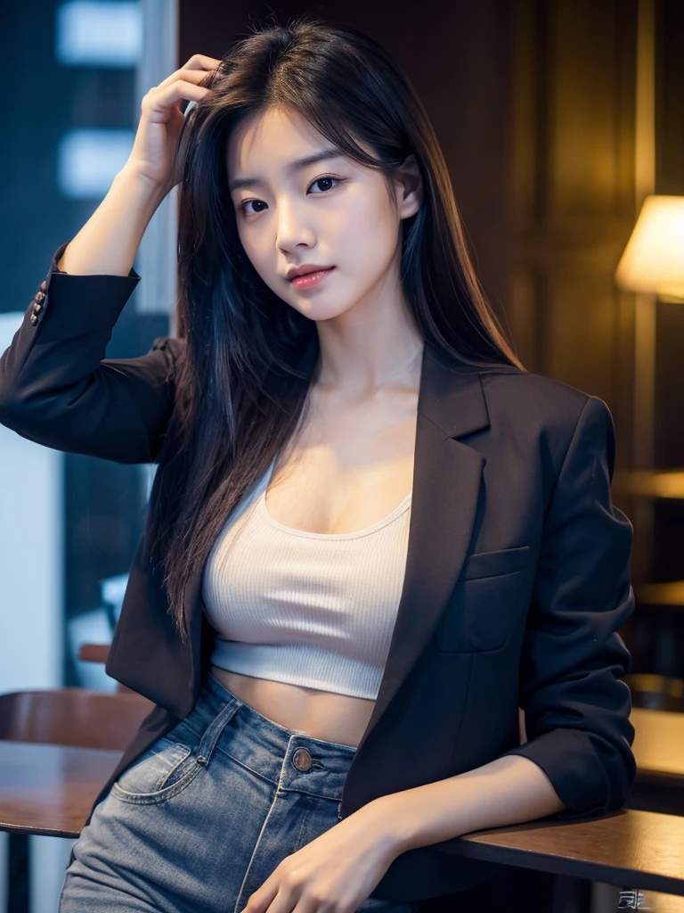 Han Julie is a young Korean woman in her 27s. Her hair is long in a dark-blue color. 
Her face is oval and marked by her large brown eyes, which carry a cold, unexpressive face. Her skin is radiant and clear, presenting an impeccable state of health and her curved lips. 
Her height is medium, her body athletic and defined, with the most charming and provocative. It contrasts and matches their personalities. 
She is in her office at the company in the night lights wearing a black shirt and blazer 