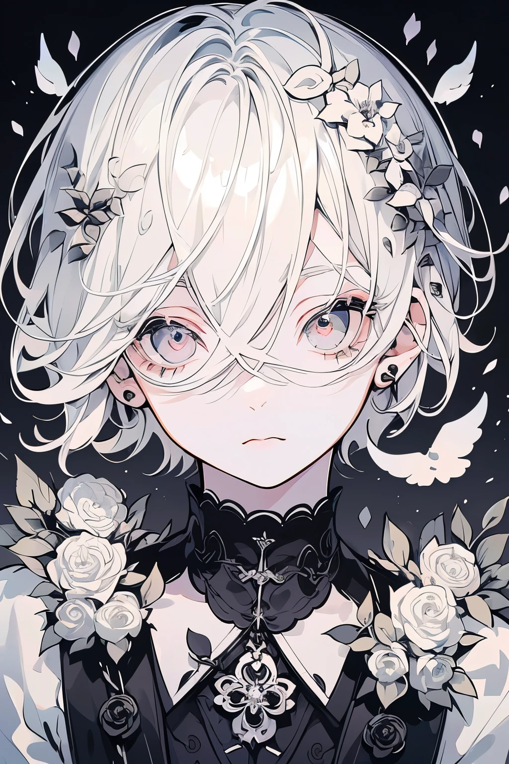 (Mastepiece), (Best Quality), Very detailed, 1 boy, Solo Shooting, Perfect Face, Beautiful Face, Very detailedな顔,(Gray Hair:1.3),(short hair:1.4)、(Big eyes:1.4),(Long eyelashes:1.4)、(Black and white eyes:1.3)、Lots of flowers、petal、Only black and white